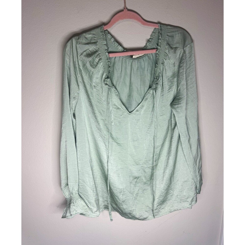 Miss Me Green Polyester Woven V-Neck Smocked Ruffle Peasant Blouse Womens L